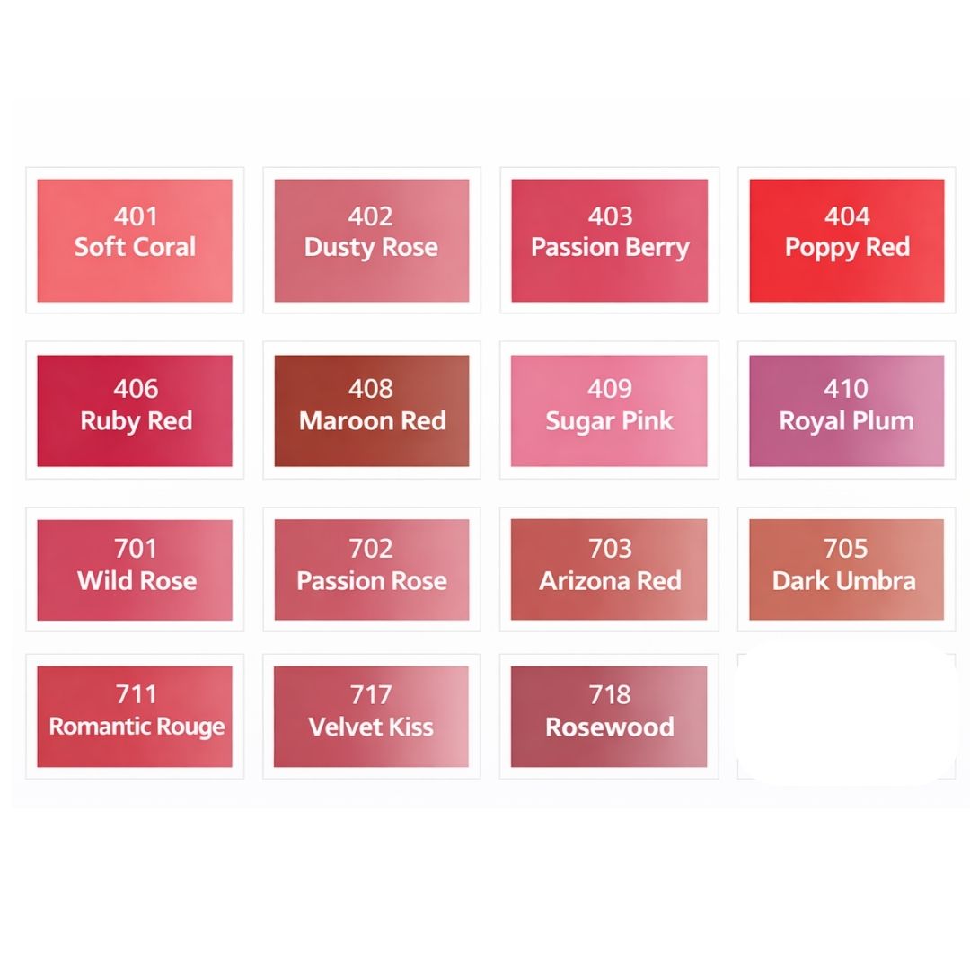 Palette completa dei pigmenti Swiss Color per trucco permanente labbra con tonalità rosa, rosse, corallo, nude e prugna.
