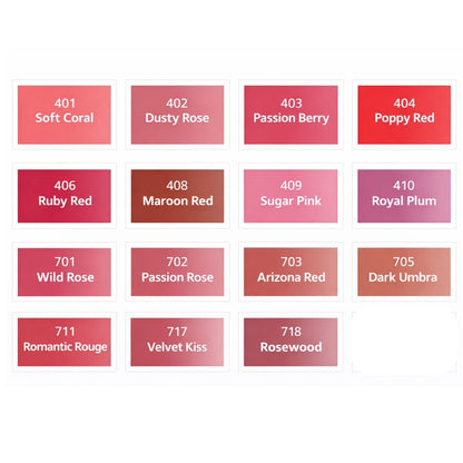 Palette completa dei pigmenti Swiss Color per trucco permanente labbra con tonalità rosa, rosse, corallo, nude e prugna.
