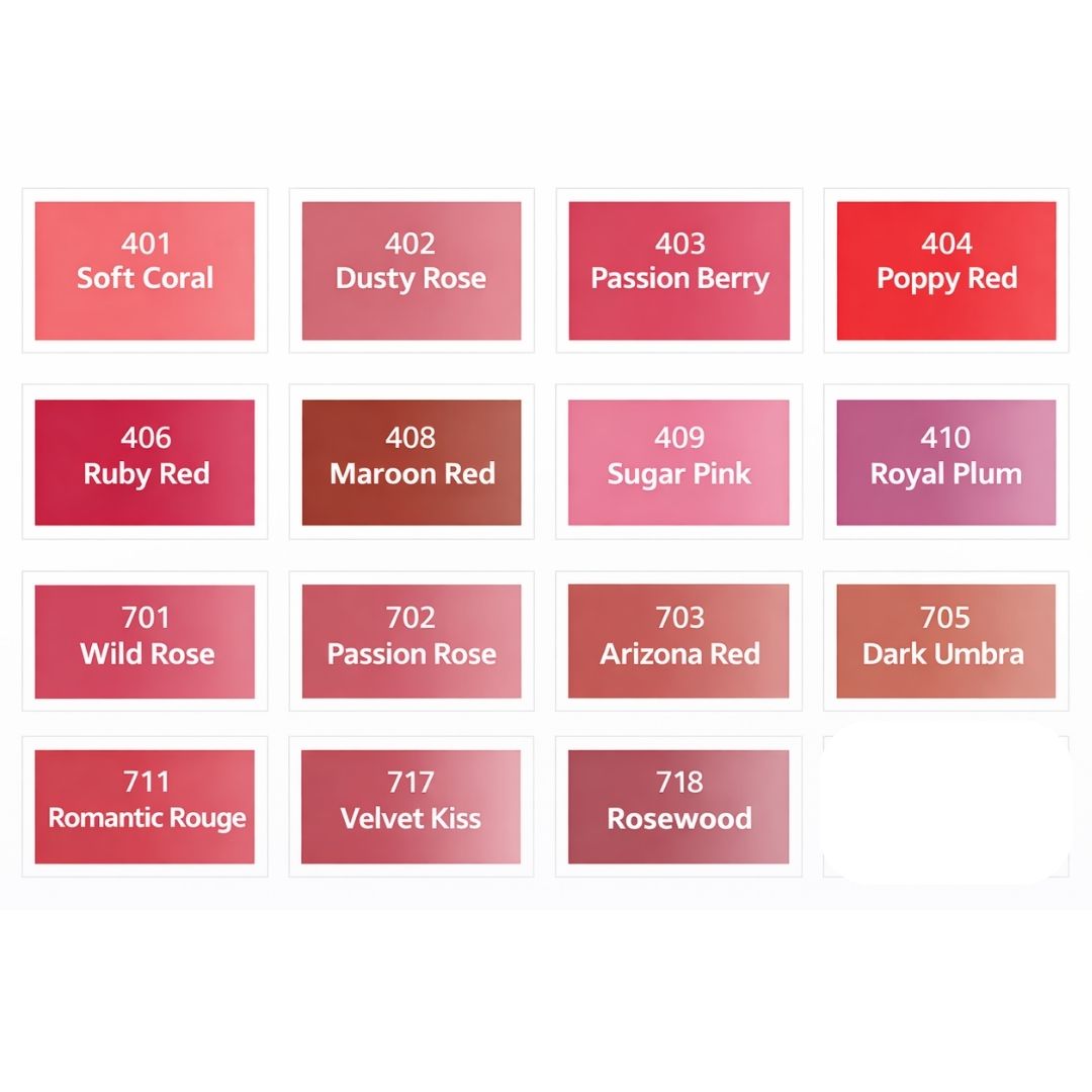 Palette cromatica dei pigmenti PMU labbra Swiss Color con tonalità rosa, rosse, corallo, berry, plum e nude.
