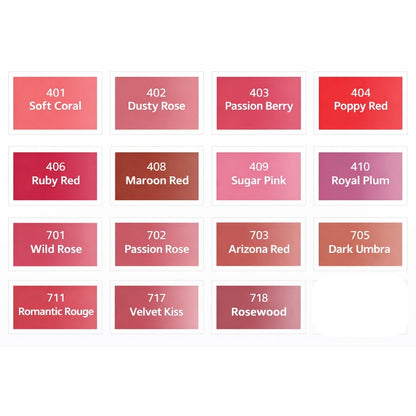 Palette cromatica dei pigmenti PMU labbra Swiss Color con tonalità rosa, rosse, corallo, berry, plum e nude.
