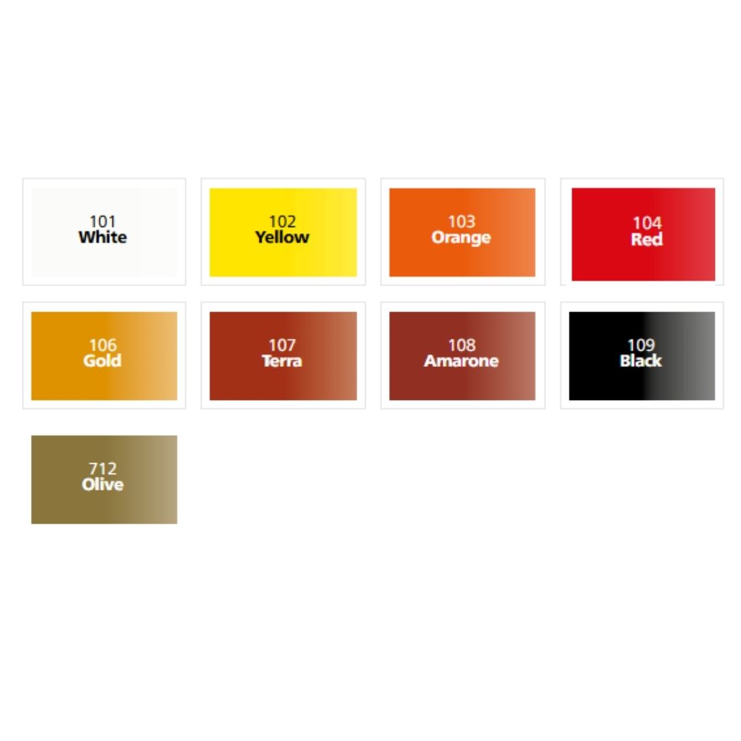 Palette cromatica Swiss Color con pigmenti correttori PMU White, Yellow, Orange, Red, Gold, Terra, Amarone, Black e Olive.