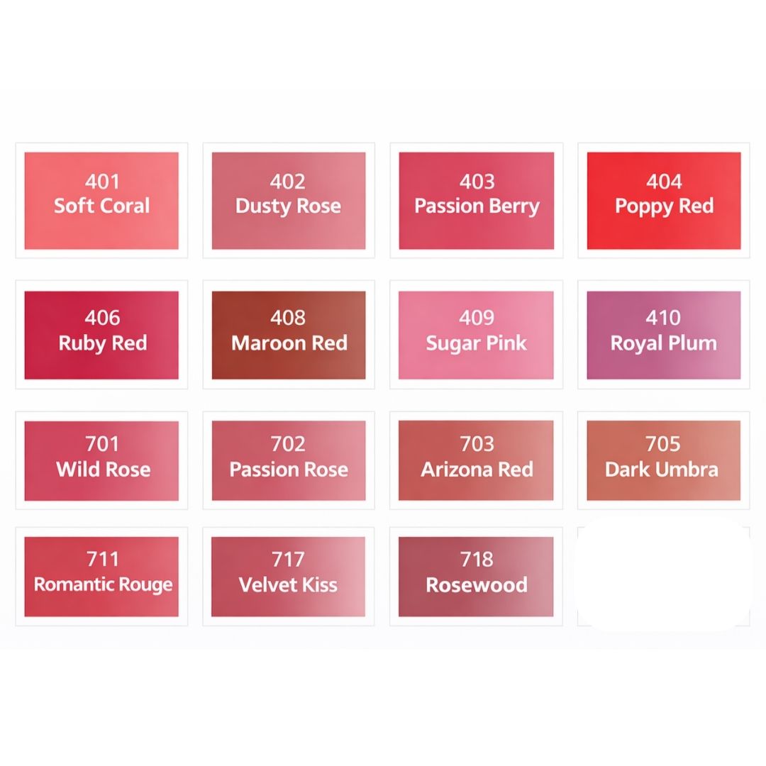 Palette cromatica Swiss Color con pigmenti PMU per labbra nelle tonalità corallo, rosa, rosso, prugna e nude.
