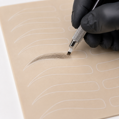 Tappetino sintetico color pelle con più sagome di sopracciglia bianche per pratica PMU, microblading e tecniche hairstroke.