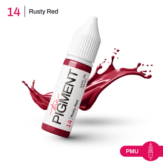 Swatch colore Rusty Red The Pigment: tonalità rosso ruggine per PMU, campione di saturazione e copertura
