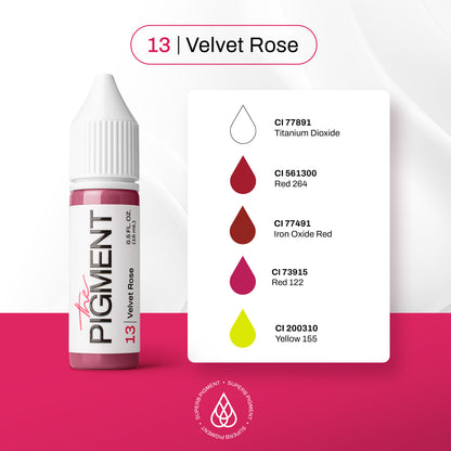 Guida tecnica pigmento PMU labbra The Pigment Velvet Rose: INCI e indicazioni su sottotono, utilizzo e resa in guarigione (healed).